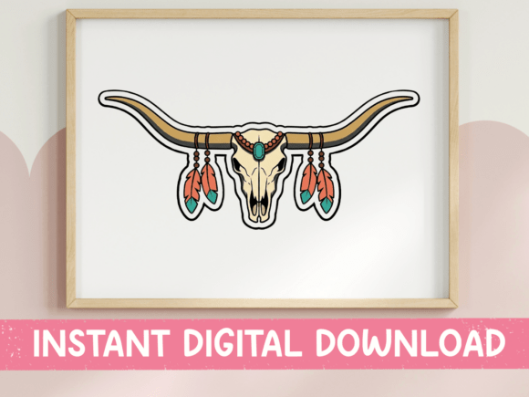 Boho Bull Skull Feather Sticker: A Graphic for T-Shirt Designs