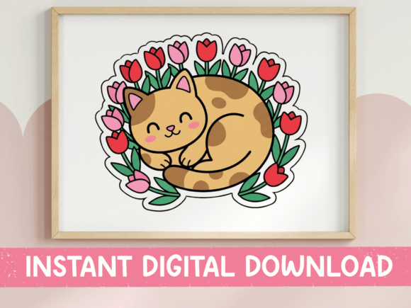 Cat Curled in Tulips: A Kawaii Sticker for T-Shirt Designs