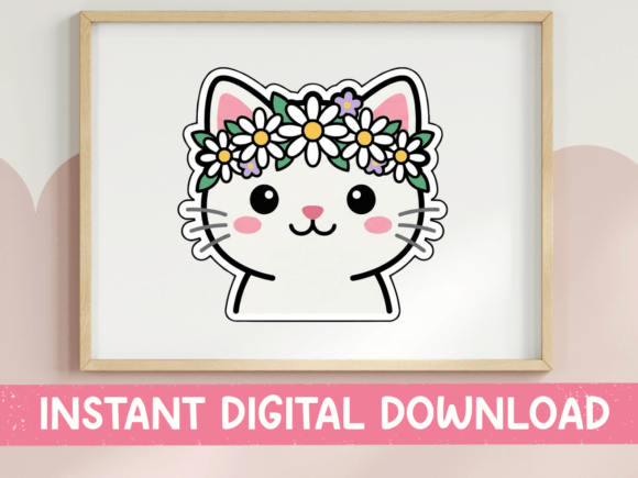 Cute and Charming: Flower Crown Cat Face Kawaii Sticker