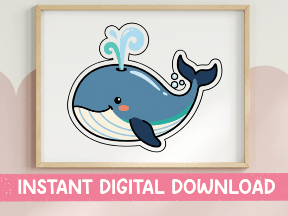 Cute Blue Whale Kawaii Sticker Design for T-Shirt Graphics