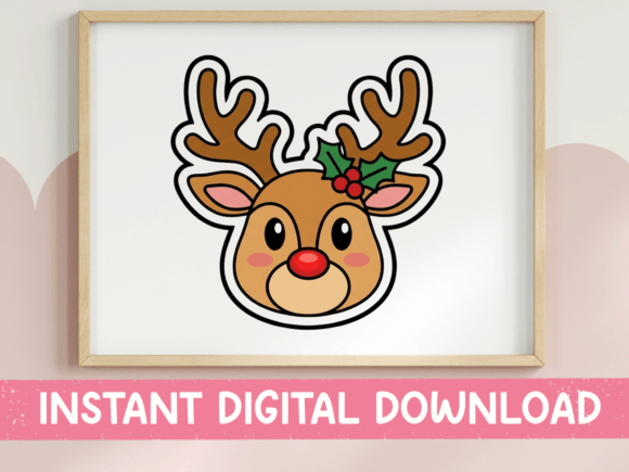 Cute Kawaii Reindeer Face Holly Sticker for T-Shirt Designs