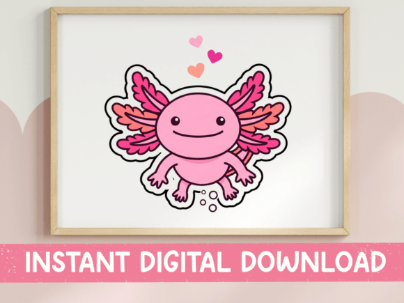 Cute Pink Axolotl with Hearts Sticker: Perfect for T-Shirt Designs and Graphics