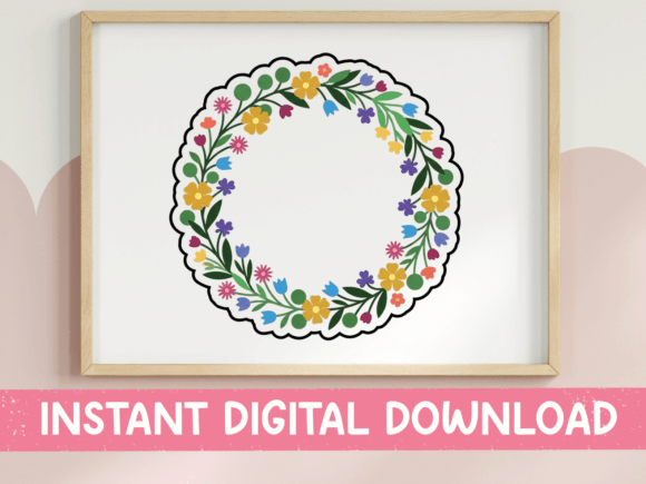 Folk Floral Circle Wreath Sticker for T-Shirt Designs and Graphics