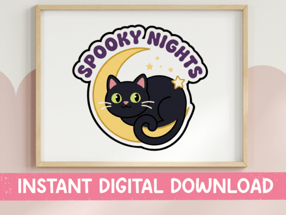 Spooky Nights Black Cat Moon Sticker: A Perfect T-Shirt Graphics Asset