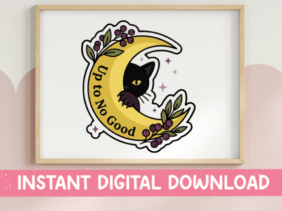 Up to No Good Black Cat Moon Sticker: A Graphic for T-Shirt Designs