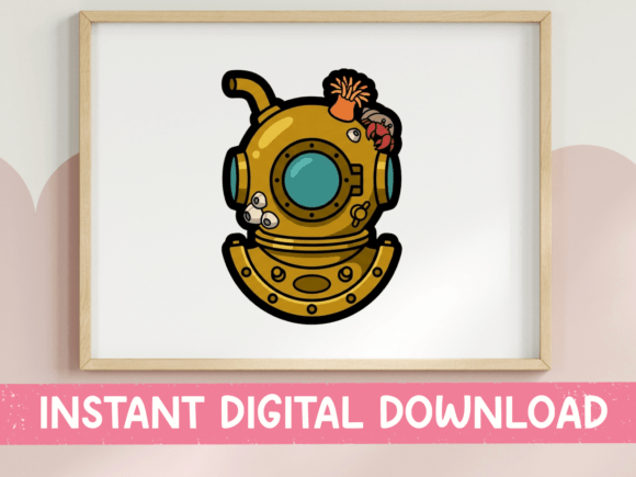 Vintage Diving Helmet with Coral Sticker for T-Shirt Designs